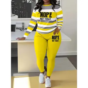 Plus Size Casual Co-ord Set, 3D Print 'NOPE NOT TODAY' Lettering, Striped Long Sleeve Crew Neck Top & Pants, Polyester Knit Fabric with Slight Stretch, for Women'S Sporty Leisure Outfit
