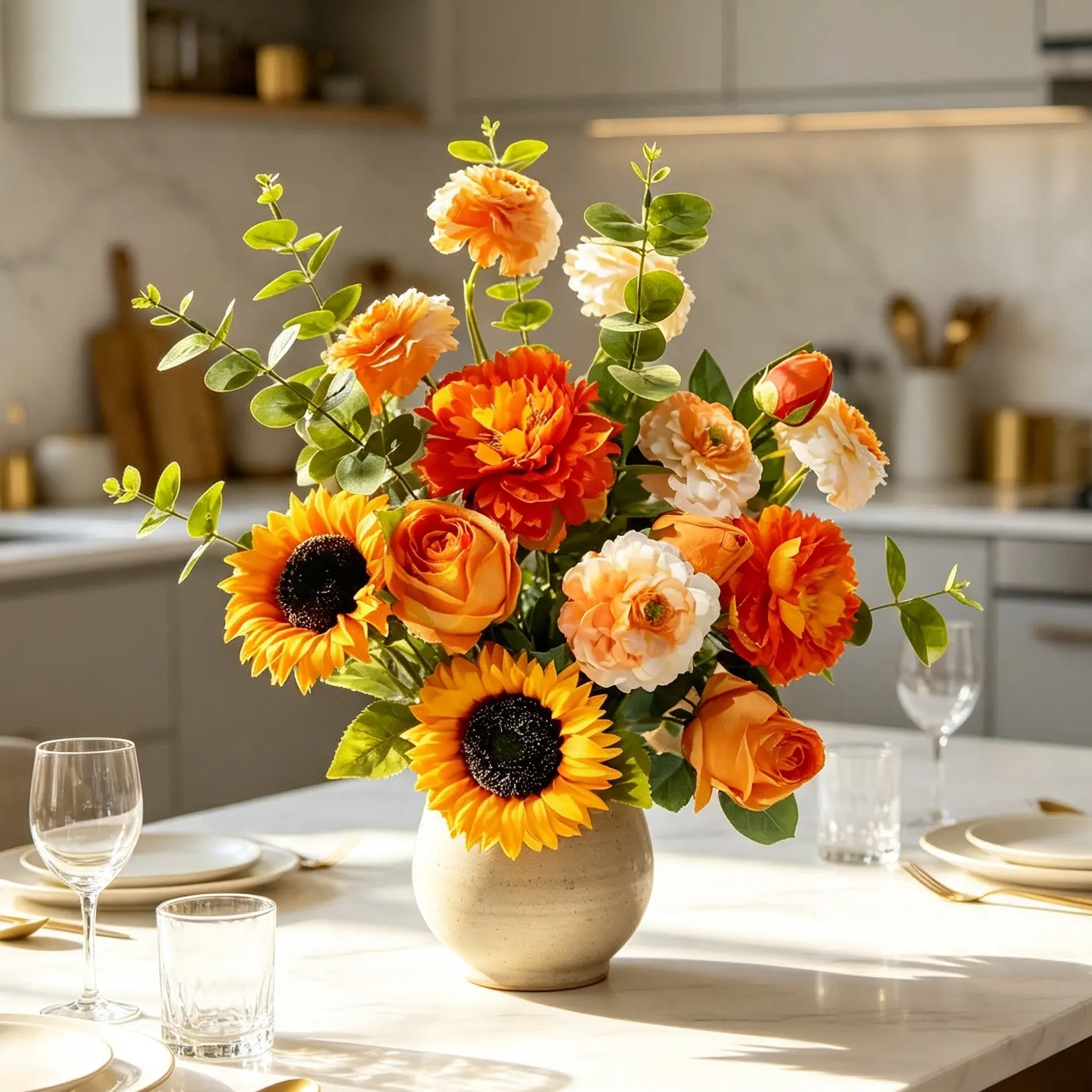 High‑Quality Artificial Sunflower Rose Peony Bouquet, Faux Silk Flower Arrangement, Home Table Centerpiece Decor, Bridal Handheld Prop for Living Room Dining Table Decor