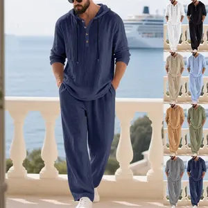 Spring Autumn Men's Linen 2 Piece Set, Loose Hooded Henley Long Sleeve Shirt And Pants, Casual Versatile Daily Outfit