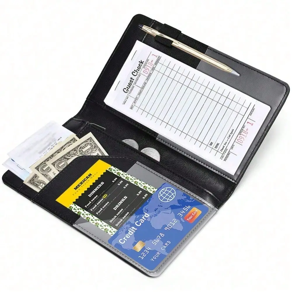 Server Book Organizer with Zipper Pocket, PU Leather Restaurant Guest Check Presenters Card Holder, Money Organizer, Office Organizer, Waitstaff Design, Desk Accessory, Office Desk Accessories