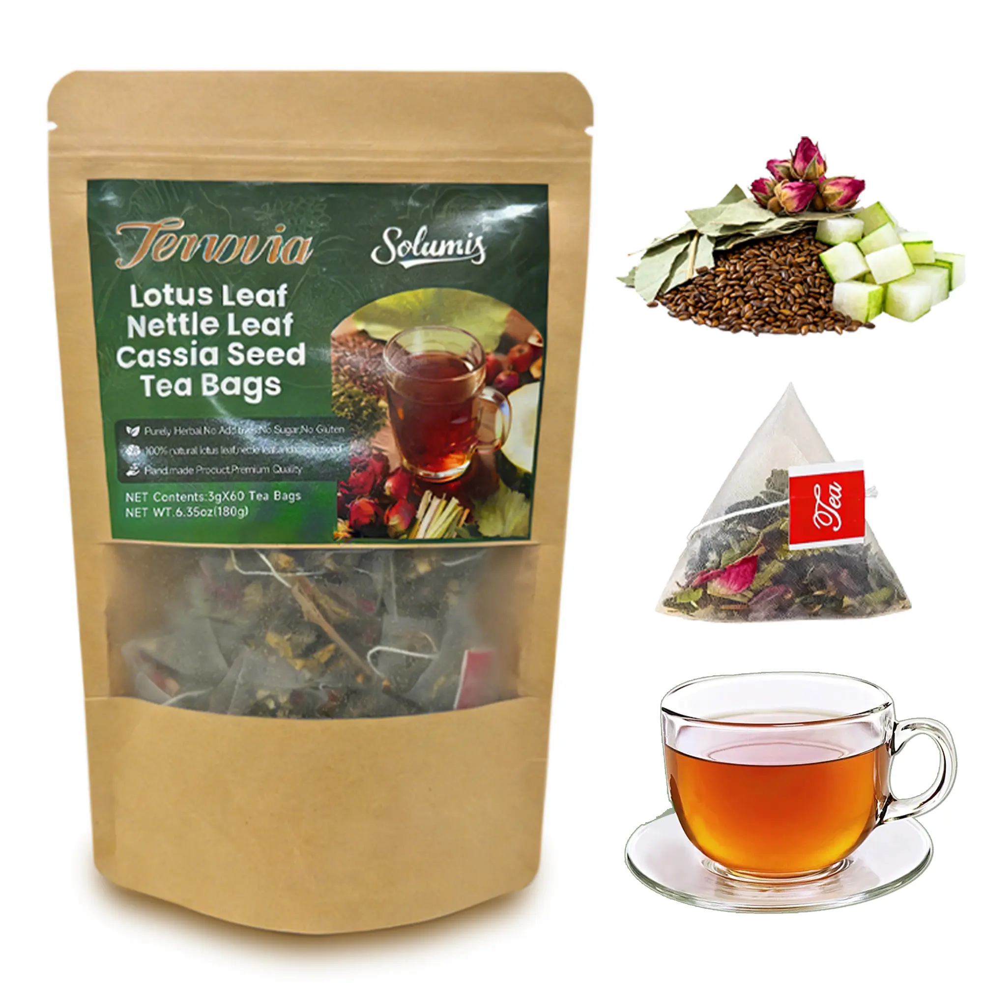 Solumis Herbal Anti-Inflammatory Tea, 120 bags, containing lotus leaf, cassia seeds, nettle leaf, and lemongrass; Caffeine Free; supports digestion, promotes healthy skin and sleep; a natural beverage#Summervibes tiktokshopspringglowup