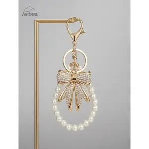 Women's Bow Keychain Rhinestone Imitation Pearl Chain Shiny Wallet Charm Bag Handbag Accessories Elegant Design Keychain Bag Pendant Trendy Cute Keychain