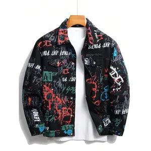 Men's Casual Graffiti Letter Print Denim Jacket Collared Jacket Wear Coat Loose Comfy Street Style Long Sleeve Outerwear Daily Wear Menswear All Seasons 2026 Breathable Soft Lightweight Trendy Home Outdoor Hip Hop