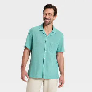Men's Vacay Short Sleeve Camp Collar Open Weave Button-Down Shirt - Goodfellow & Co Teal S