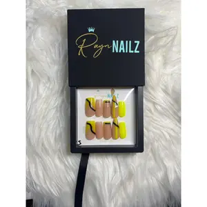 Ready to Ship Neon Yellow & Black Abstract Size: Small Press-On Nails with Prep-Kit for At-Home Manicure