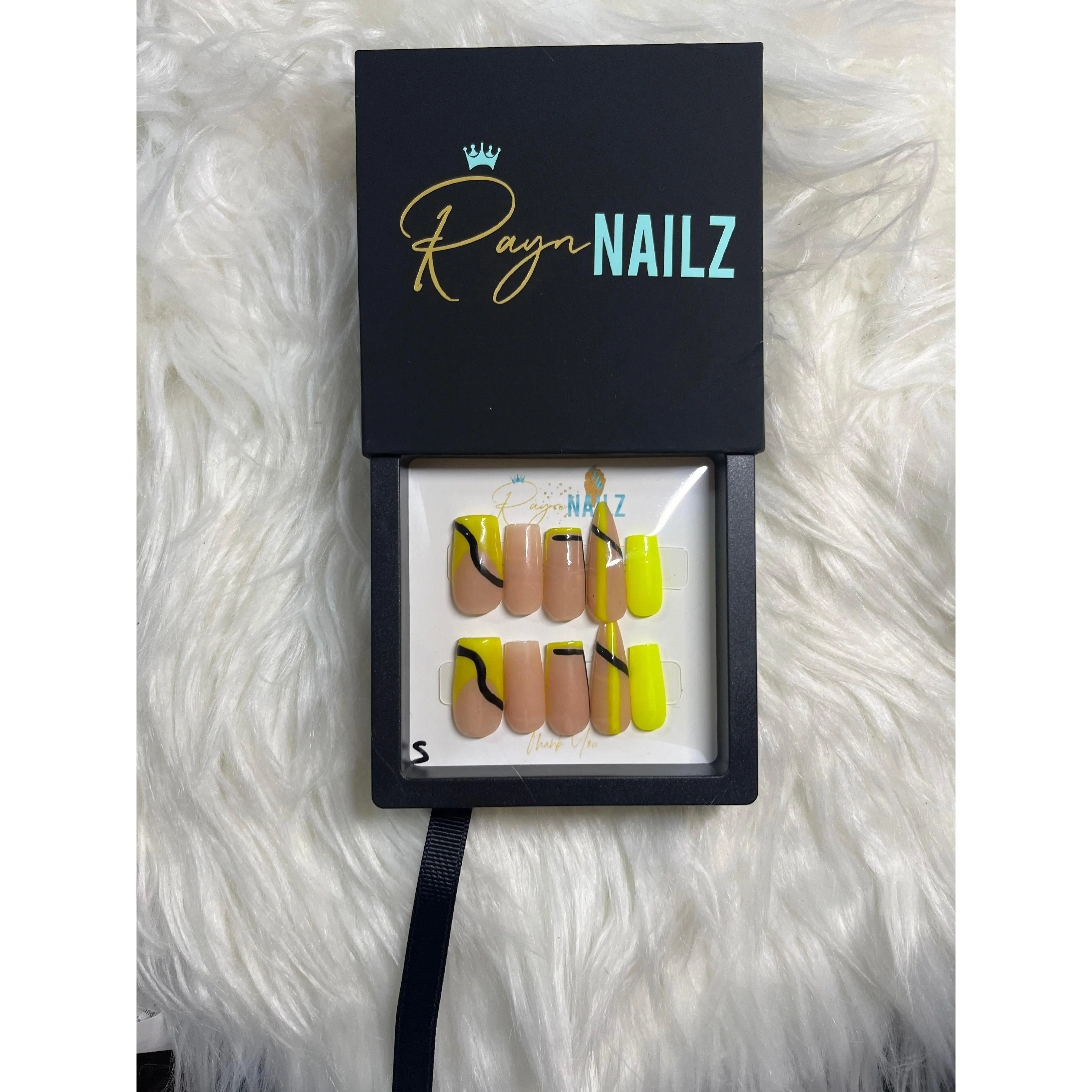 Ready to Ship Neon Yellow & Black Abstract Size: Small Press-On Nails with Prep-Kit for At-Home Manicure