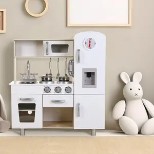 Arlopu Pretend Play Kitchen Sets, Toddler Wooden Cooking Set with Realistic Design, Telephone, Stove, Microwave, Water Dispenser, Shelf, Cabinets