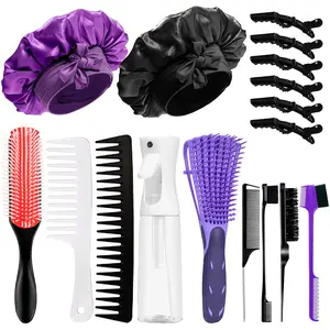 Curly Hair Brush Set 17 Counts Detangler Brush Wide Tooth Comb Nylon Bristle Satin Bonnet Hair Clips Edge Brush for All Hair Types Black&Purple