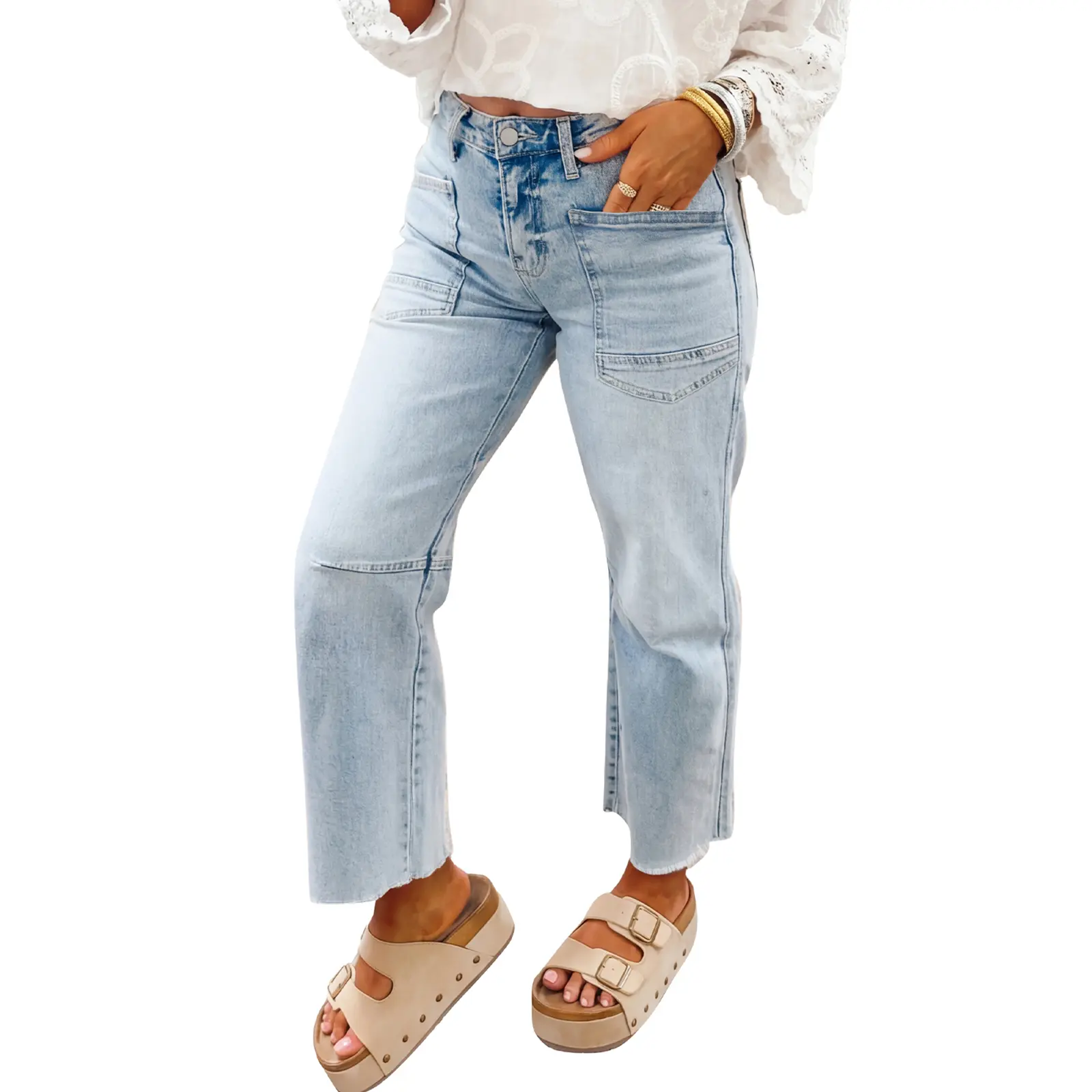 Asvivid Women's Comfortable Frayed Cropped Straight Jeans, Stylish Streetwear Denim with Pockets, Bottoms, Basic