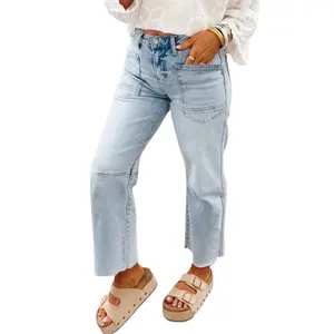 Asvivid Women's Frayed Cropped Straight Jeans with Pockets Denim Basic Trouser Bottom Pants Womenswear Streetwear