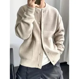 Fashion men's wear?? The Size Runs Slightly Small But Is Unisex Thickened Cardigan Sweater Jacket- Warm Winter Coat, Loose Long Sleeve Button Closure Design, Soft Light Beige Fabric Suitable For Daily And Formal Outfits- Urban Street Style O