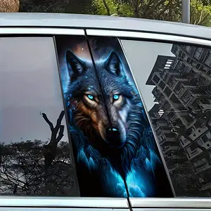 2 Pieces Blue Light Background Wolf Anime Car Center Pillar Stickers Side Decals Sunscreen Scratch Resistant Decals for Glass Metal Plastic Ceramic Surfaces