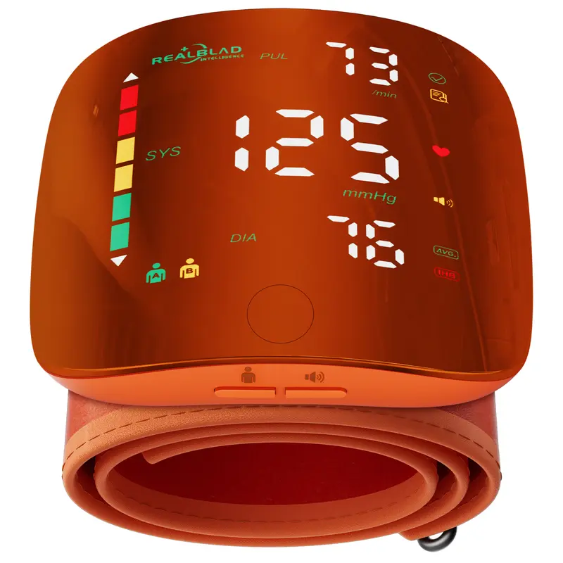 Orange Rechargeable Wrist Blood Pressure  with LED Touch Screen, Voice Broadcast & 99x2 Memory — Accurate Home BP Tracking Made Simple,Suitable 5.3 - 7.6 inches