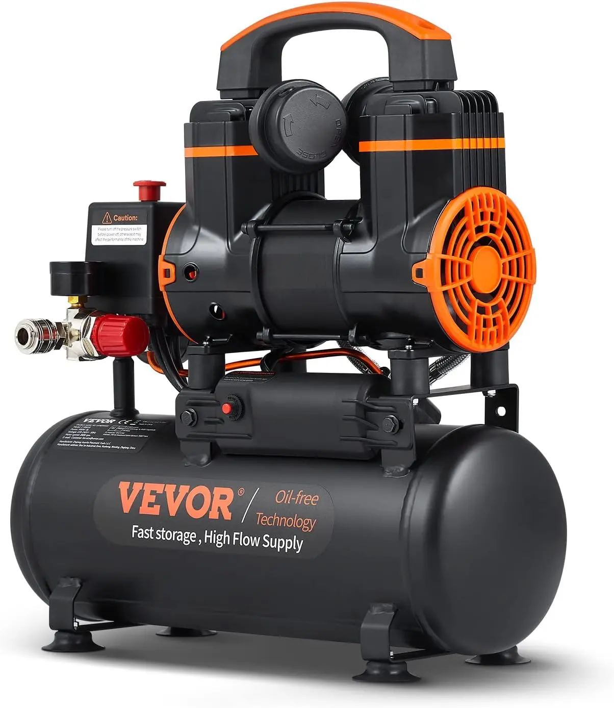 VEVOR Oil-Free Air Compressor, 2.1 Gal Tank, 1.2HP, 2.2 CFM@90PSI, 116PSI Max Pressure, Pneumatic Tools Compatible, Overheat Protection, Silent Filters, Steel Body for Auto Repair, Tire Inflation
