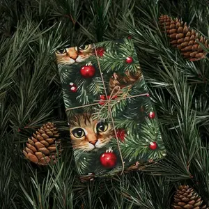 Gift Wrap Papers, Cat Hiding In Christmas Tree, Cat Lover Holiday Seasonal Xmas Wrapping Paper Roll, Christmas Gift Wrap