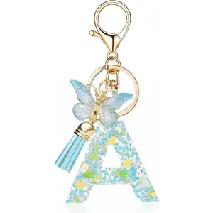 Fashion Alphabet Initial Letter Keychain Tassel Butterfly Pendant Key Ring for Purse Handbags Women Girl