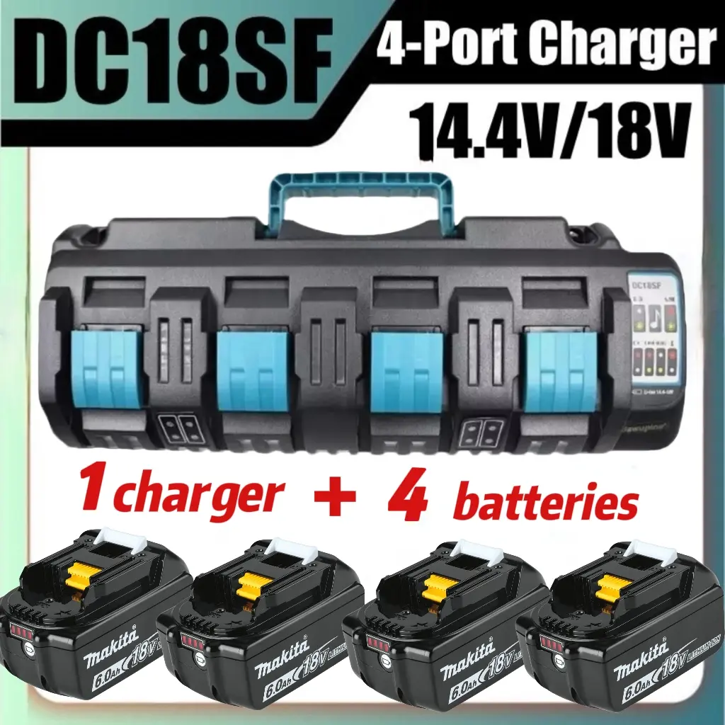 Makita LXT Lithium-Ion 4-Port Charger + 4x 6.0Ah Batteries Kit, 100V--240V Compatibility, Fits BL1830 BL1860 1840 14.4V-18V Batteries, High-Quality, LED Indicator, USB Light, Carrying Handle