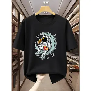 Men's astronaut enjoying pizza and drink on the moon Graphic T-Shirt - Short Sleeve Crew Neck Regular Fit Casual Wear | Soft & Breathable Fabric, Durable Print, Everyday Comfort, Machine Washable, cartoon and space-themed a cozy, indoor clothing store