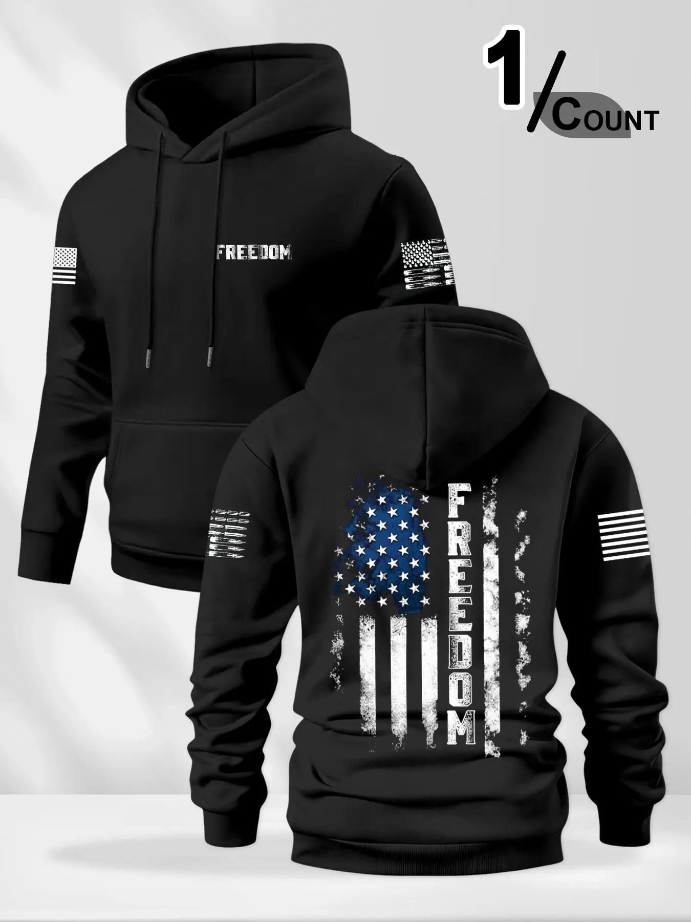 Men's Hooded Knitted Sweatshirt with Fleece Lining, Casual Long Sleeve Pocket Design, Fall & Winter Fashion American Flag Print