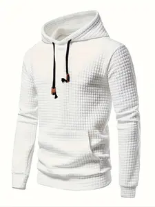 Men's Casual Long Sleeve Hooded Sweatshirt, Classic Waffle Knit Pullover, Plain Solid Color Hoodie with Pocket, Loose Fit, Fall & Winter Fashion, Menswear