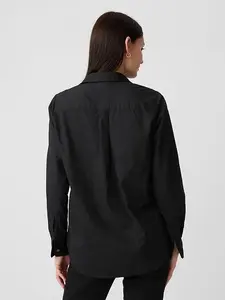 Women's Classic Cotton Shirt - 100% Premium Cotton, Structured Spread Collar, Long Sleeves with Button Cuffs, Chest Patch Pocket, Curved Hem, Standard Fit