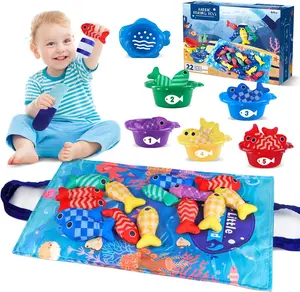 Montessori Fishing Game for Toddlers 1-3 Cloth Fishing Toys with Stacking Cups Educational Learning Toys for Number Counting Color Sorting Baby Sensory Toy for 6-12 Months Baby Gifts
