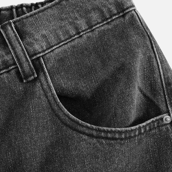 Aelfric Eden Rhinestone Washed Jorts Unisex Distressed Oversized Street Punk Black Denim Mid-Length Shorts Casual Embellished Pocket Badge Bottoms