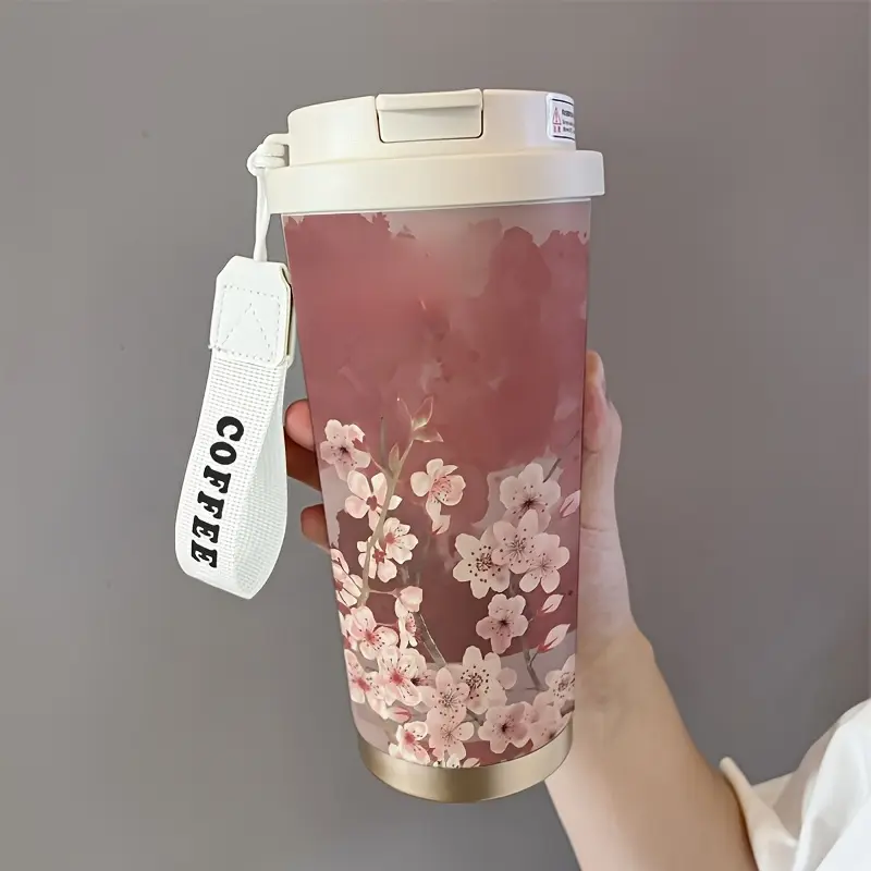 18oz Cherry Blossom Pattern Vacuum Insulated Tumbler Cup - Flask, Leak-Proof Lid, Included Straw, Portable, Hot/Cold Beverages, Valentine's Day Gift, Ideal for Office, Outdoor Activities, Flasks