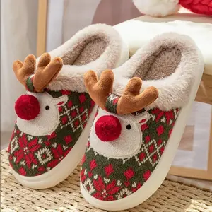 New Winter Lovely Women's Slippers Home Cute Cartoon Cotton Slippers Christmas Deer Non-Slip House Shoes