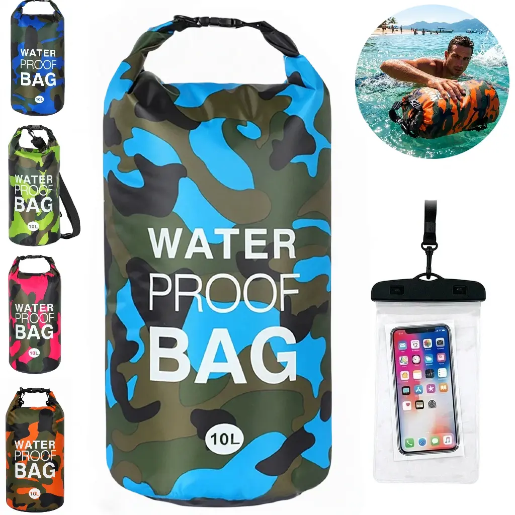 10L Waterproof Floating Dry Bag Camo Roll Top with Phone Case Boating Accessories Kayaking Essentials Water Sports