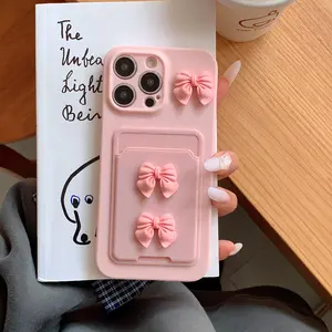 Bow Decor Phone Case with Card Holder, Cute Phone Protective Cover Protector, Phone Accessories Compatible with iPhone 11 12 13 14 15 Pro Max