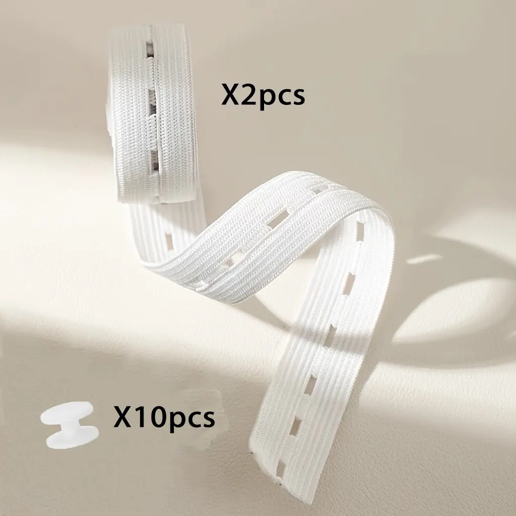 12 Pcs Set (2pc 2.0cm/0.79inch Buttonhole Elastic Band + 10 Buttons), adjustable hem and waist tightening tool set, suitable for T-shirts, sweaters, dresses, hoodies, seamless hem tightener with snaps, invisible waist cincher, fits pants and shirts