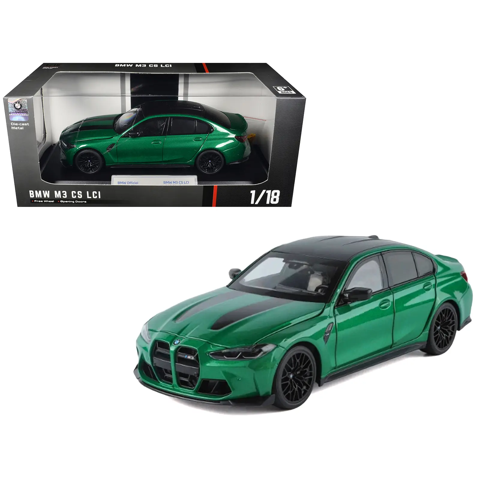 BMW M3 CS LCI Green Metallic with Matt Black Top and Hood Stripes 1/18 Diecast Model Car by Heimanba
