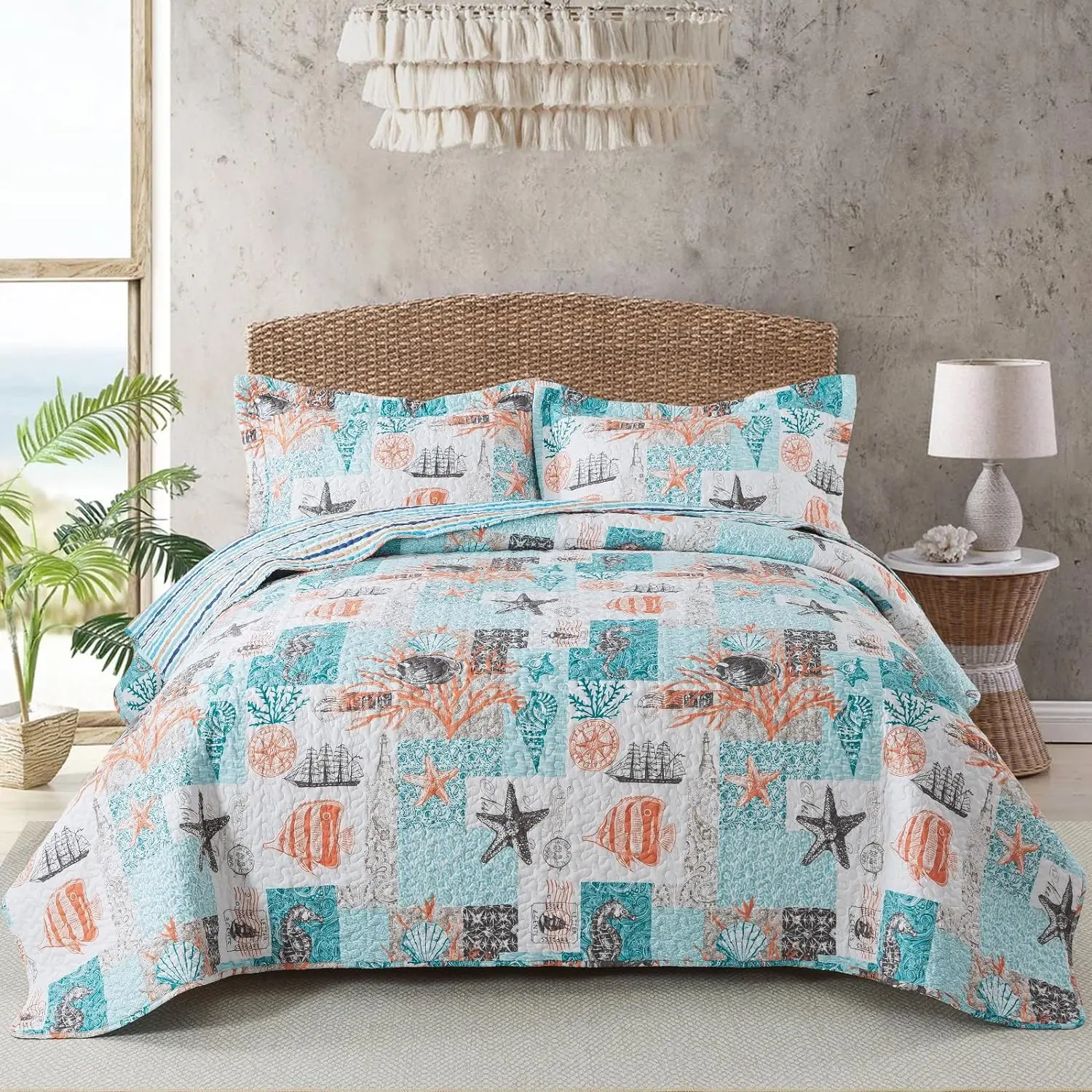 King SIZE &Queen SIZE Seascape Quilt Set with Starfish and Coral Motifs in Turquoise and White for a Coastal Bedroom Decor