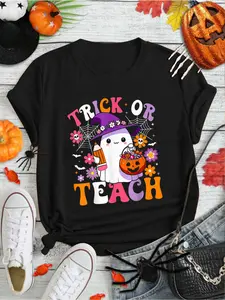 100% Cotton Trick Or Teach Groovy Teacher Ghost Funny Halloween Teacher T-Shirt Print Round Neck Short Sleeve Streetwear Fashion Breathable Homme Soft Unisex Designer Clothes For Women Casual Clothes