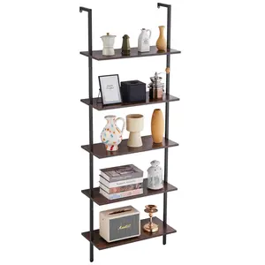 VEVOR Industrial Square Pipe Shelf,  , 5 Tier 24x11.8in, Wall-Mount Floating Rustic Wood Shelves Bracket Display Bookshelf,Storage Rack Sundries Holder for Kitchen Bedroom Bathroom Living Room, Black