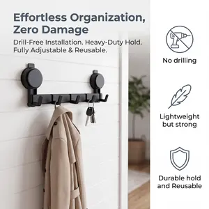 5-Hook No-Drill Suction Cup Entryway Hanger, Renter-Friendly Damage-Free Matte Black Space Aluminum Hangable Organiser, Super Heavy-Duty Waterproof Rustproof for Coat, Hat, Bag Storage; Ideal for Glass, Kitchen, Laundry Room Organization, Reusable