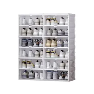 Portable Shoe Rack Organizer, Stackable Sneaker Organizer Cabinet with Magnetic Door, Folding Design, Clear Plastic Storage Container, 6 Tier 24 Pairs (Clear) - SC2-D6(C)
