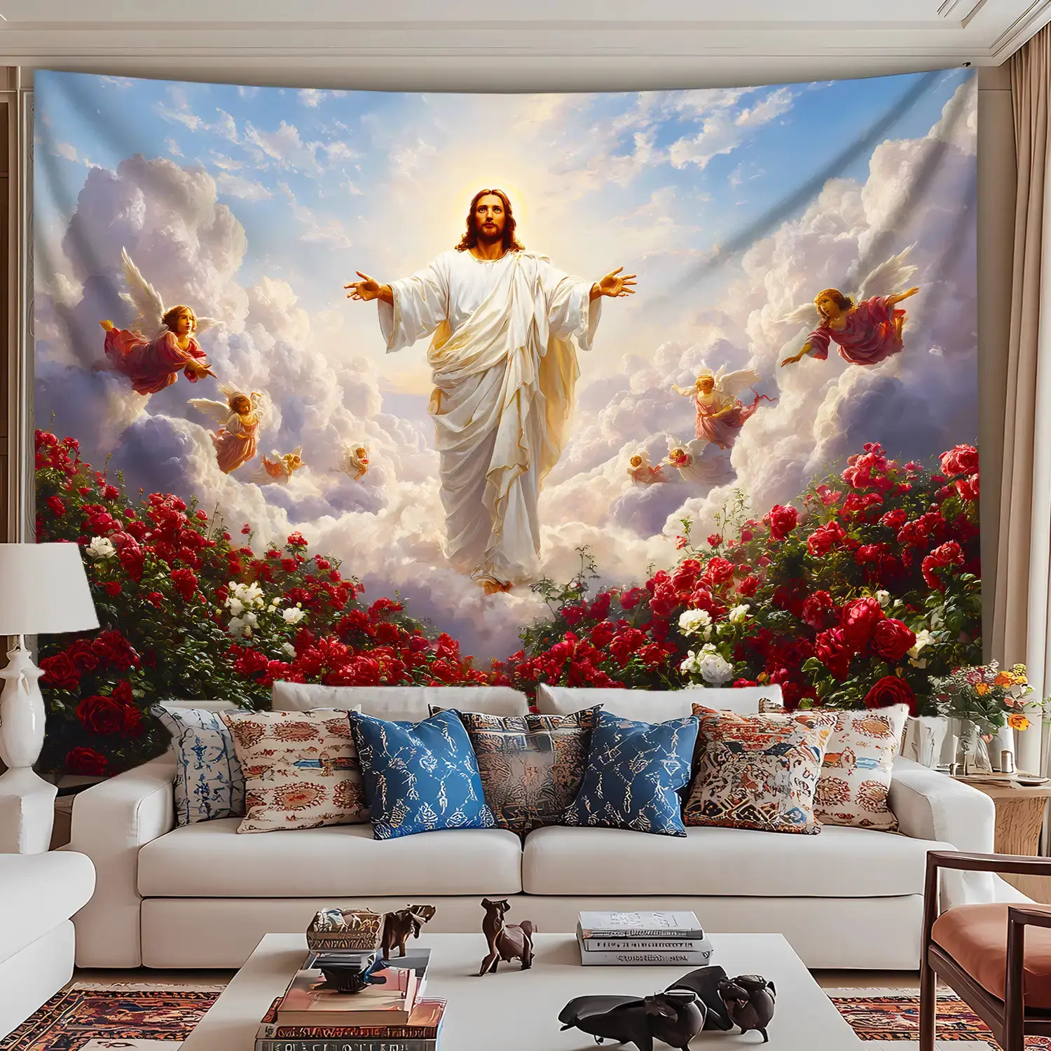 1 Piece Extra Large Holy Jesus Rose Garden Animal Print Durable Decorative Tapestry - Polyester Peach Skin (95g/m²) Aesthetic HD Print Wall Hanging, No Installation Needed, for Living Room & Bedroom Home Decor