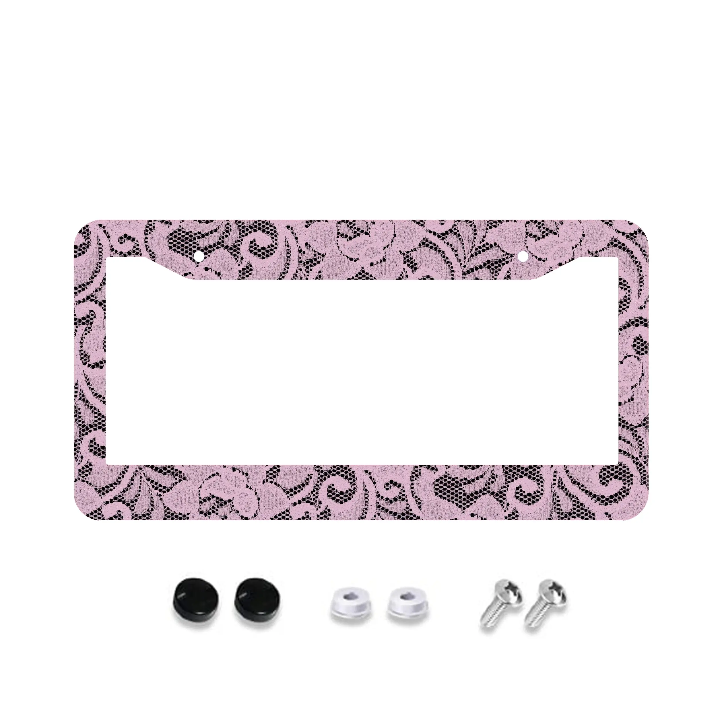Pink & Black Lace Metal License Plate Frame – Rustproof Decorative Car Tag Border for Cars & Trucks