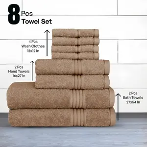 Luxury 8-Piece 100% Cotton Towel Set Ultra-Soft Highly Absorbent Quick-Dry 2 Bath Towels 2 Hand Towels 4 Washcloths for Bathroom