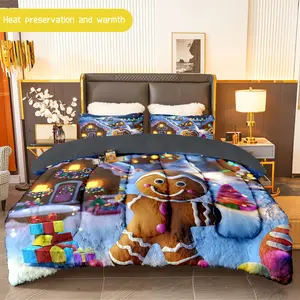 3pcs (1 comforter + 2 pillowcases) Gingerbread Man Flannel & Milk Velvet Comforter Set, Soft Warm Cozy Bedding Set for Adults, Trendy Milk Velvet Bedding Essentials