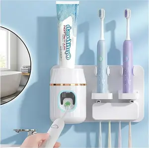 Wall Mounted Toothbrush Holder with Automatic Toothpaste Dispenser, No Drill Bathroom Organizer White