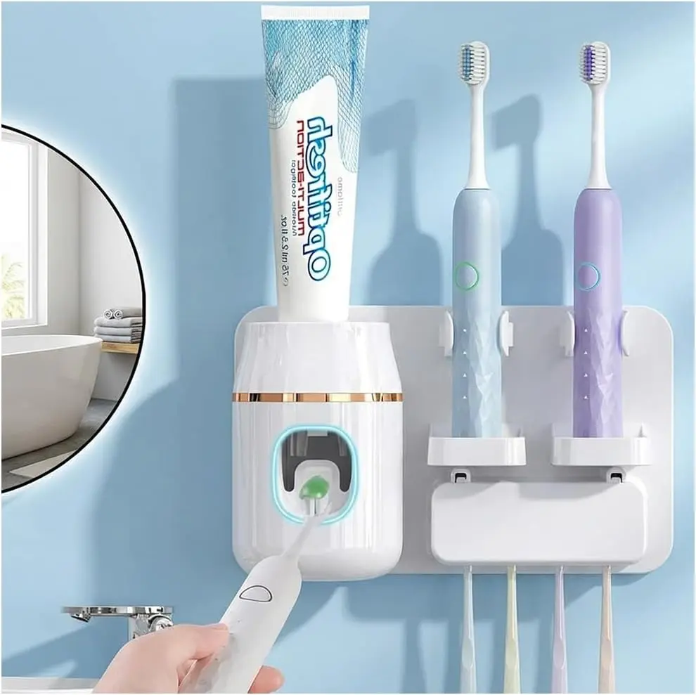 Wall-Mounted Toothbrush Holder Organizers - No-Drill, 2-Layer Combined, Automatic Dispenser, Multi-Slot, Hygienic & No Toothpaste Waste, Multifunctional Durable Polycarbonate Space-Saving Bathroom Organizer for Family Use