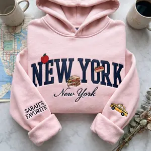 Custom New York City Embroidered Hoodie, Personalized Nyc Travel Embroidery Shirt, Taxi And Apple Souvenir Pullover For Women Gift