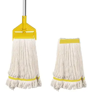 Heavy Duty Industrial Mop, Commercial  Mop with 59 Inch Handle, Looped-End String Wet Mops with 2 Heads for Floor Cleaning, Workshop, Warehouse,  and Garage