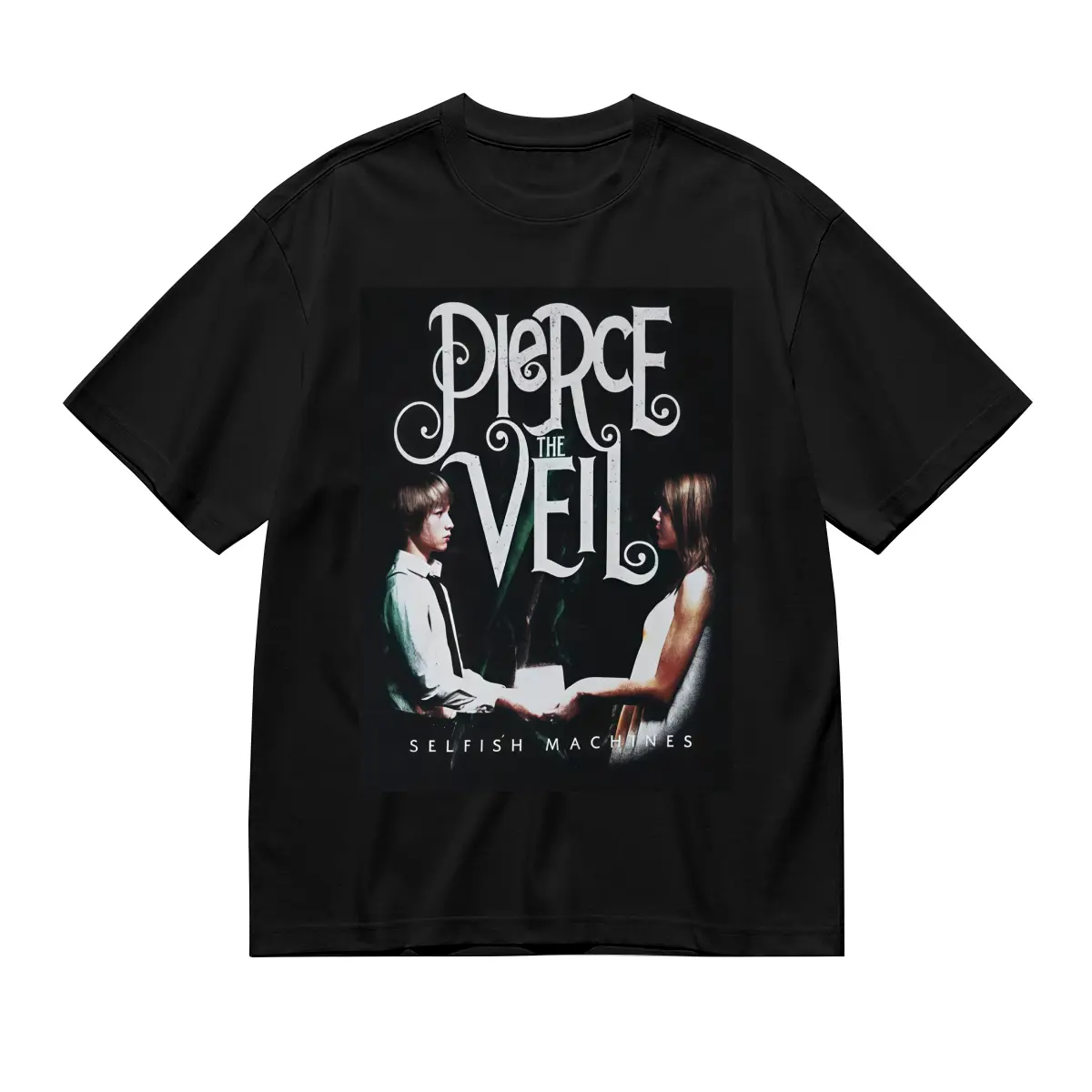 Unisex Pierce The Veil Selfish Machines Album T-Shirt, Black Crew Neck Emo Post-Hardcore Band Graphic Tee