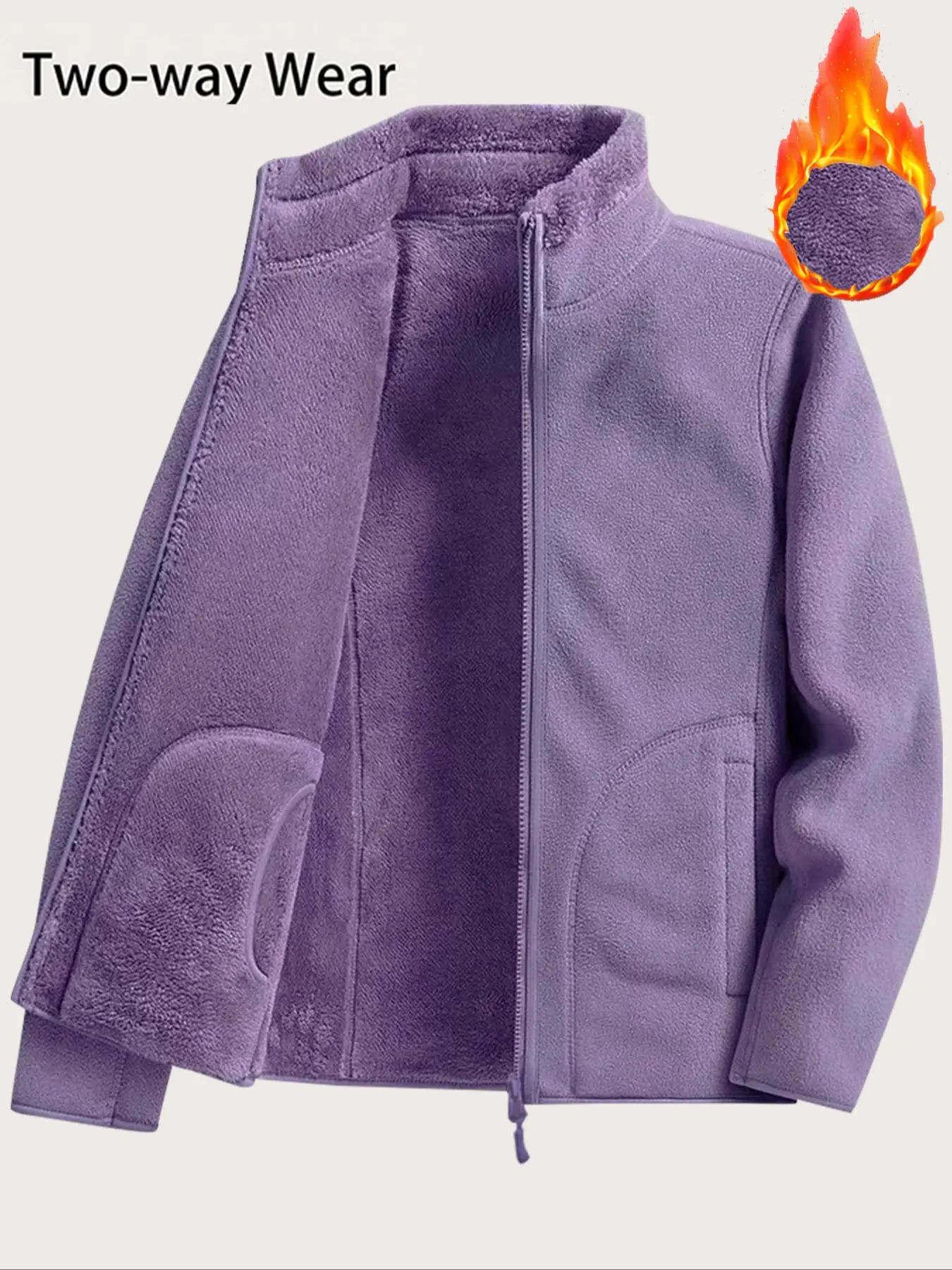 Women's Winter Reversible Fleece Fitted Jacket, Zipper Pockets, Fashionable Soft Comfortable Polar Fleece Coat, Casual Wear for Cold Weather