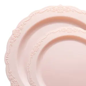 Pink Vintage Round Disposable Plastic Dinnerware Value Set