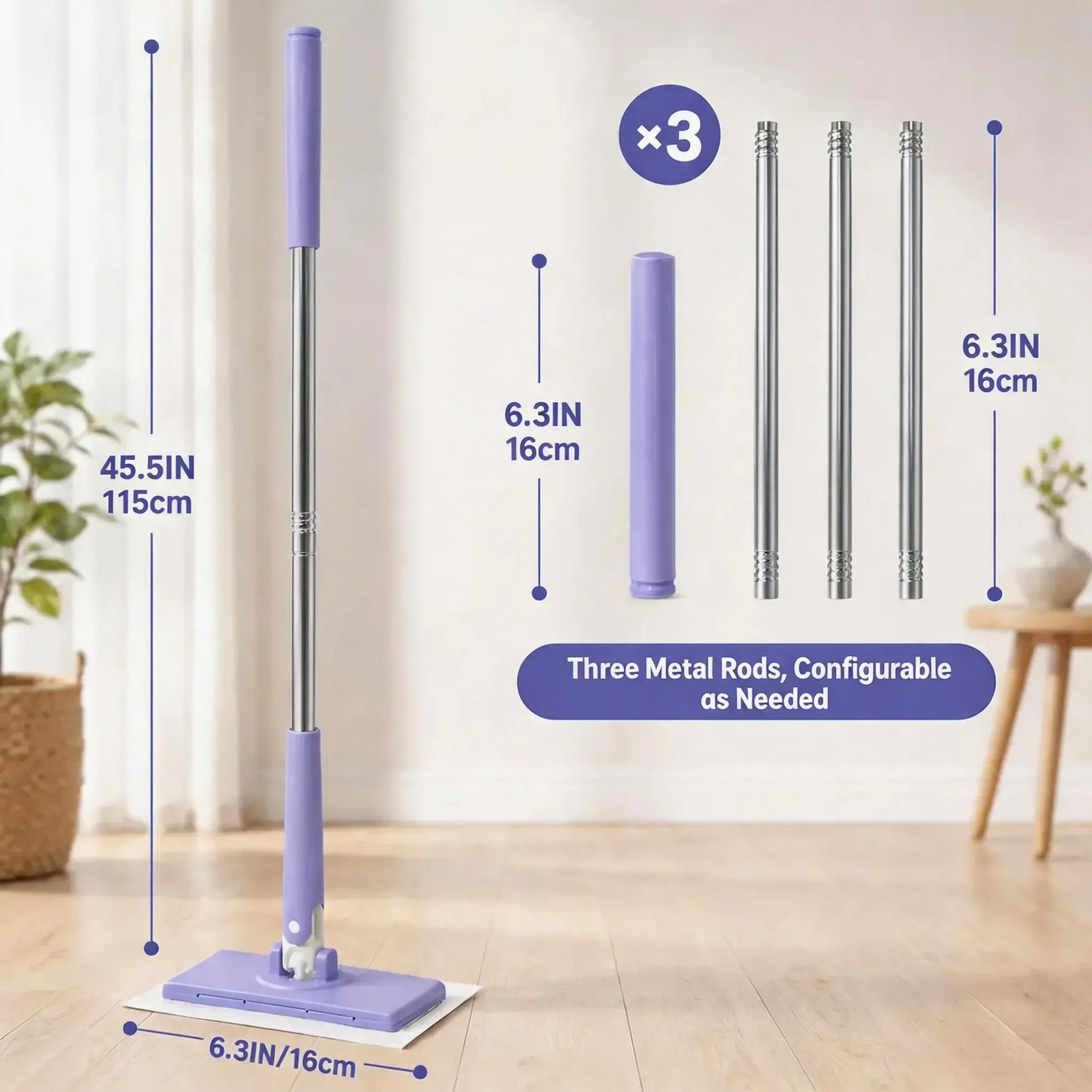 Cotton Traditional No-Wash Flat Mop with Disposable Cloths, Hands-Free Wet-Dry Floor Cleaner for Bathroom, Kitchen Tile, Hardwood Surfaces